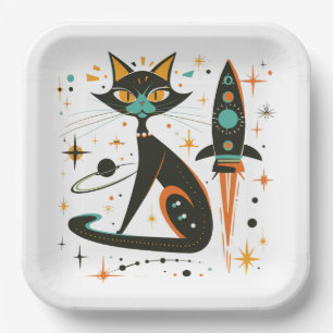 Assiettes En Carton Chat noir MCM vaisseau spatial rétro étoiles planè