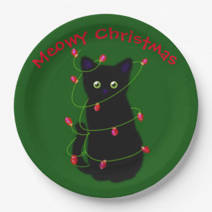 Assiettes En Carton chat noir Meowy Christmas lumières scintillant