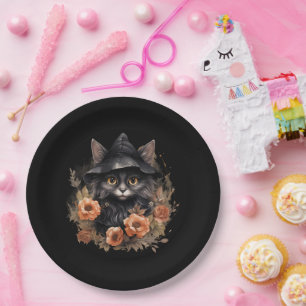 Assiettes En Carton Chat noir mignon dans le Casquette d'une sorcière