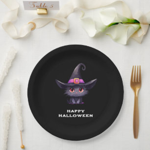 Assiettes En Carton Chat noir mignon portant l'Halloween Casquette d'u