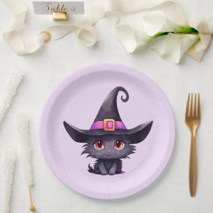 Assiettes En Carton Chat noir mignon portant une sorcière Casquette An