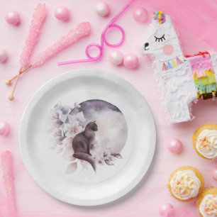 Assiettes En Carton Chat noir par une Pleine lune magique