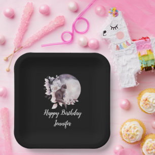 Assiettes En Carton Chat noir par une Pleine lune magique Anniversaire