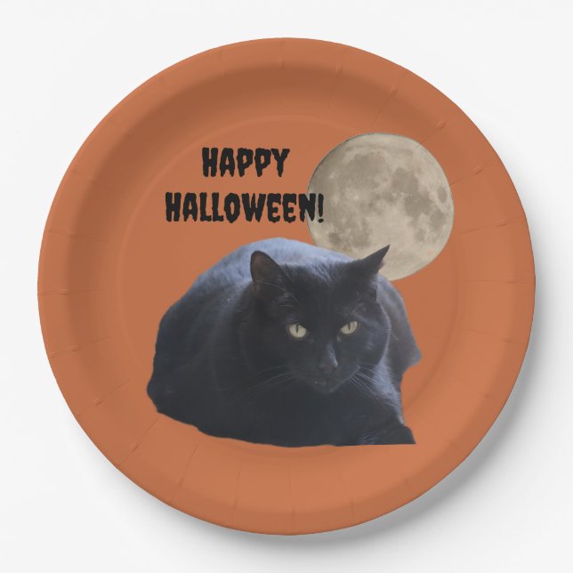 Assiettes En Carton Chat noir Pleine lune Halloween (Devant)
