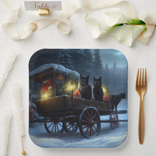 Assiettes En Carton Chat noir Snowy Sleigh Ride Décor de Noël (Mariage)