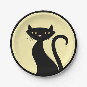 Assiettes En Carton Chat noir sur jaune
