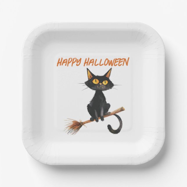 Assiettes En Carton Chat noir sur la chambre d'une sorcière Halloween  (Recto)