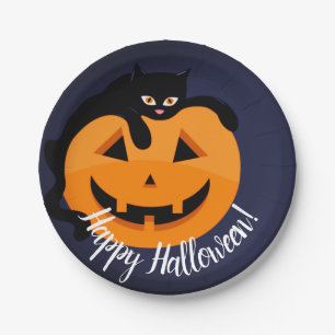Assiettes En Carton Chat noir sur la lune Halloween 