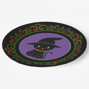 Assiettes En Carton Chat Noir Vert Orange Avec Un Casquette De Sorcièr