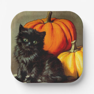 Assiettes En Carton Chat noir vintage d'Halloween et Citrouilles