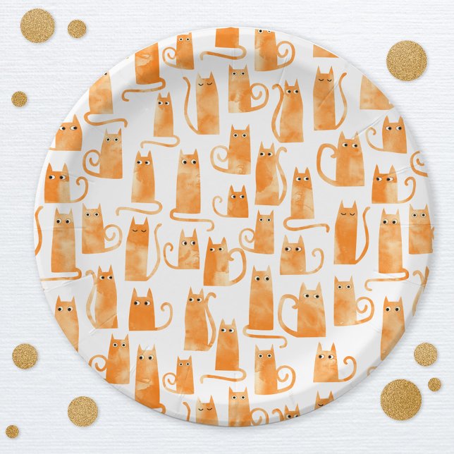 Assiettes En Carton Chat orange amusant (Watercolor Orange Ginger Cat pattern fun party paper plates)