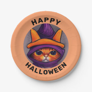 Assiettes En Carton Chat orange avec sorcière violette Casquette Bonne