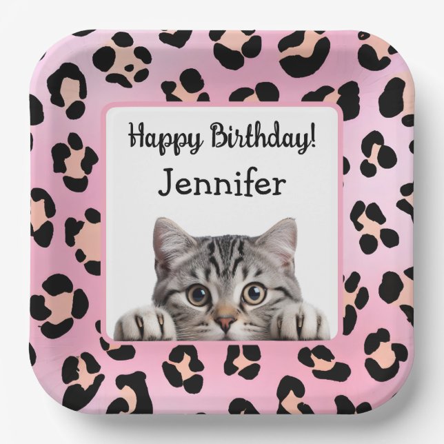 Assiettes En Carton Chat rose mignon Plaque en papier d'anniversaire (Recto)