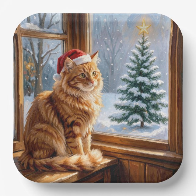 Assiettes En Carton Chat roux de Noël (Recto)