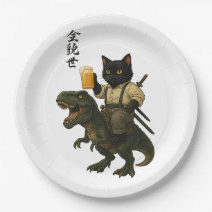 Assiettes En Carton Chat Samouraï avec Bière & T-Rex   Art Japonais Ré