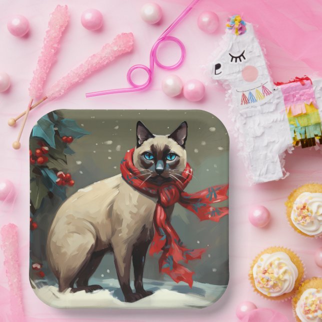 Assiettes En Carton Chat siamois à Noël de neige (Fête)