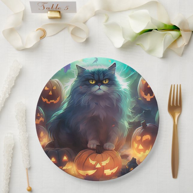 Assiettes En Carton Chat Sibérien D'Halloween Avec Peur Citrouille (Mariage)