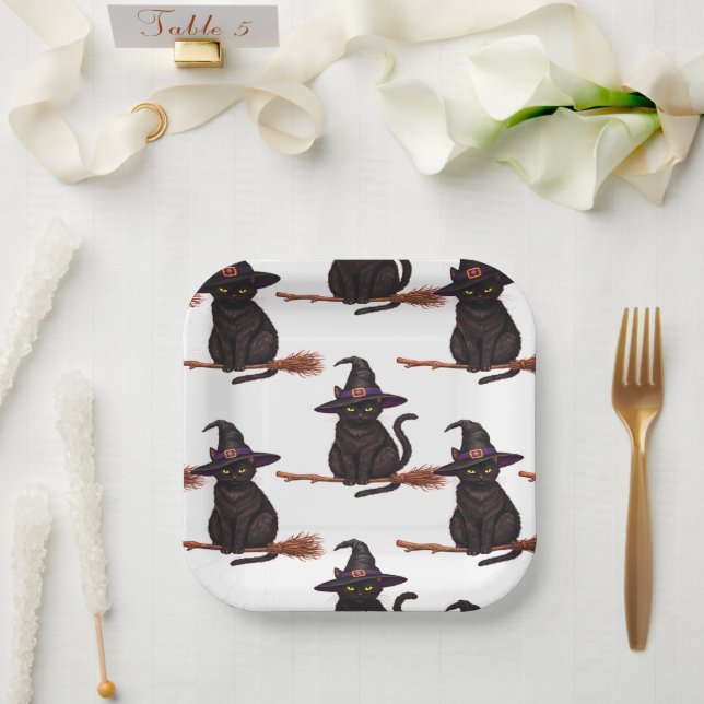 Assiettes En Carton Chat sorcière Halloween de dessin (Mariage)