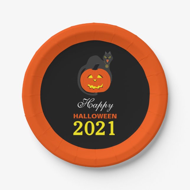 Assiettes En Carton Chat sur Citrouille, Happy Halloween (Devant)