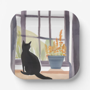 Assiettes En Carton Chat sur l'appui de fenêtre Silhouette Aquarelle