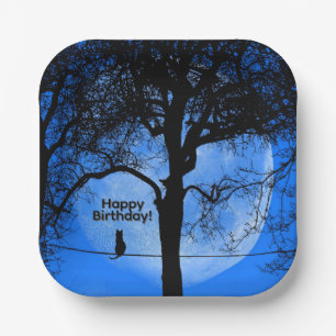 Assiettes En Carton Chat sur un fil Lune Bleue Joyeux Anniversaire