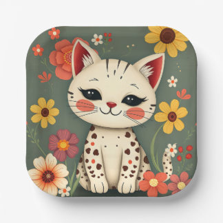Assiettes En Carton Chat tacheté heureux avec des fleurs