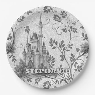 Assiettes En Carton Château de la Fairytale en Niveaux de gris avec fr