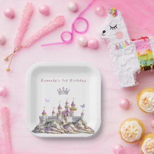 Assiettes En Carton Château de princesse Couronne argentée Pierres ros