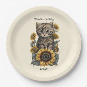 Assiettes En Carton Chaton gris tabby anniversaire tournesols