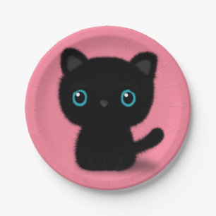 Assiettes En Carton Chaton noir doux sur le rose en pastel