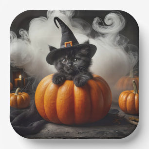 Assiettes En Carton Chaton noir Halloween dans une citrouille