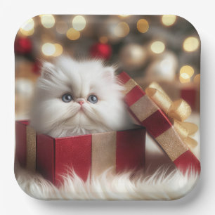 Assiettes En Carton Chaton Persan de Noël dans une boîte-cadeau