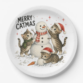 Assiettes En Carton Chatons de Noël construisant un bonhomme de neige