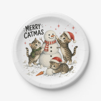 Assiettes En Carton Chatons de Noël construisant un bonhomme de neige