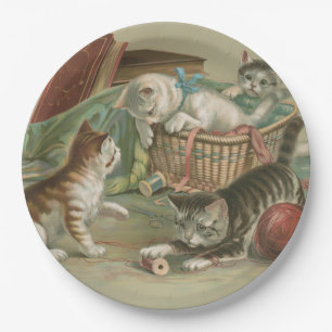 Assiettes En Carton Chatons victoriens vintage jouant dans un panier à