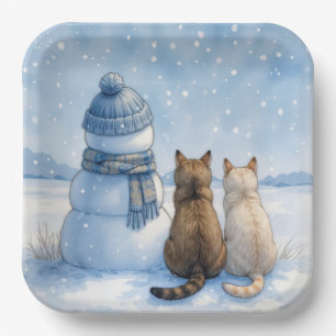 Assiettes En Carton Chats assis avec un bonhomme de neige dans un cham