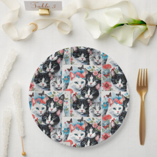 Assiettes En Carton Chats aux fleurs roses et papillons