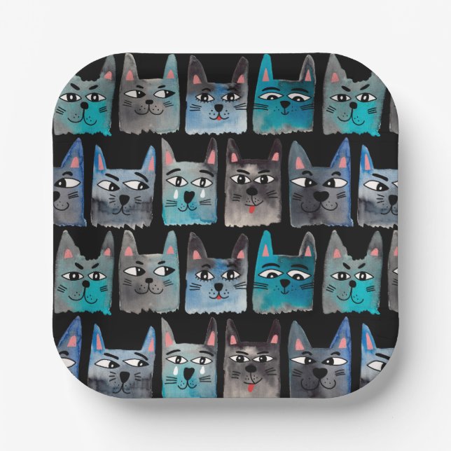 Assiettes En Carton Chats bleus (Recto)