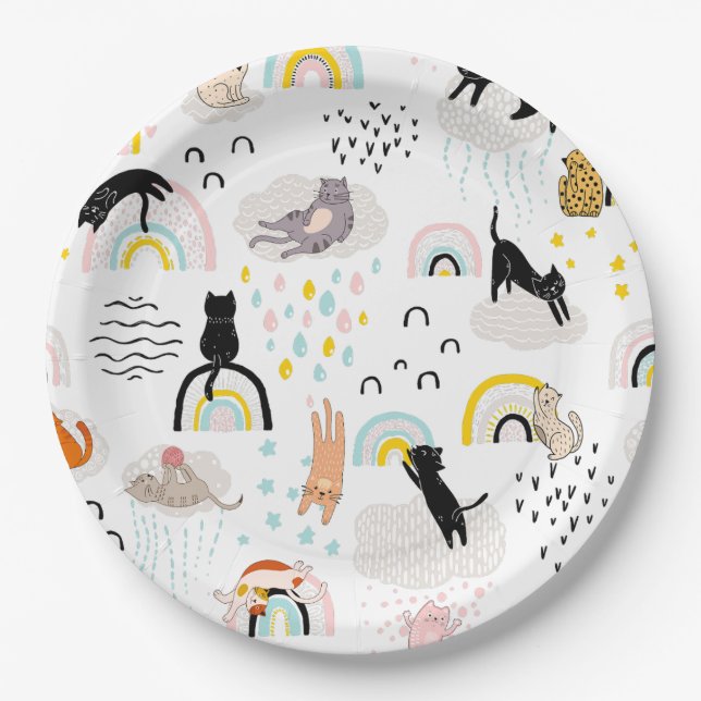 Assiettes En Carton Chats coquins avec Rainbows Motifs sans couture (Devant)