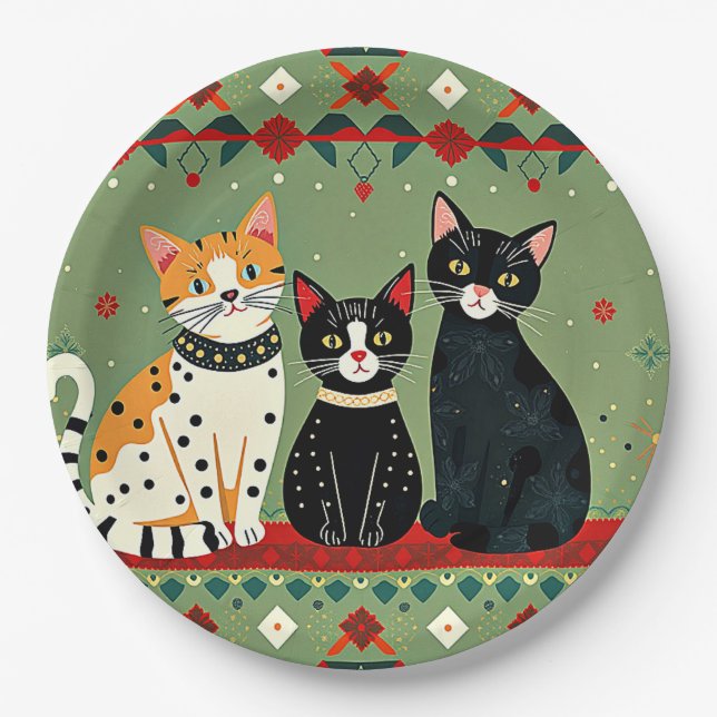 Assiettes En Carton Chats de Noël rétro (Devant)