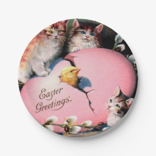 Assiettes En Carton Chats de Pâques vintages Chick et OEuf de Pâques