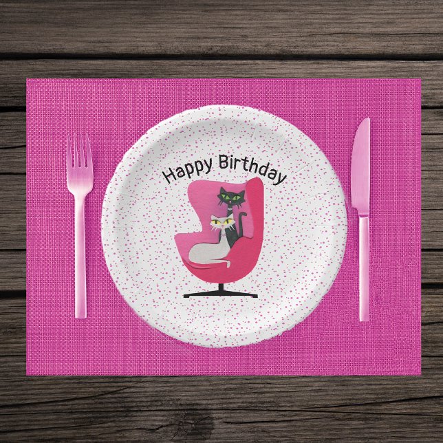 Assiettes En Carton chats élégants Chaise rose Points du milieu du siè (Two elegant mid century style cats in pink chair on white with pink dots Birthday paper party plates)