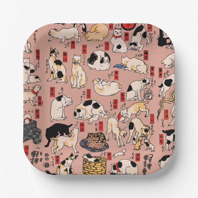 Assiettes En Carton chats japonais Ukiyo-e Funny kitty (Recto)