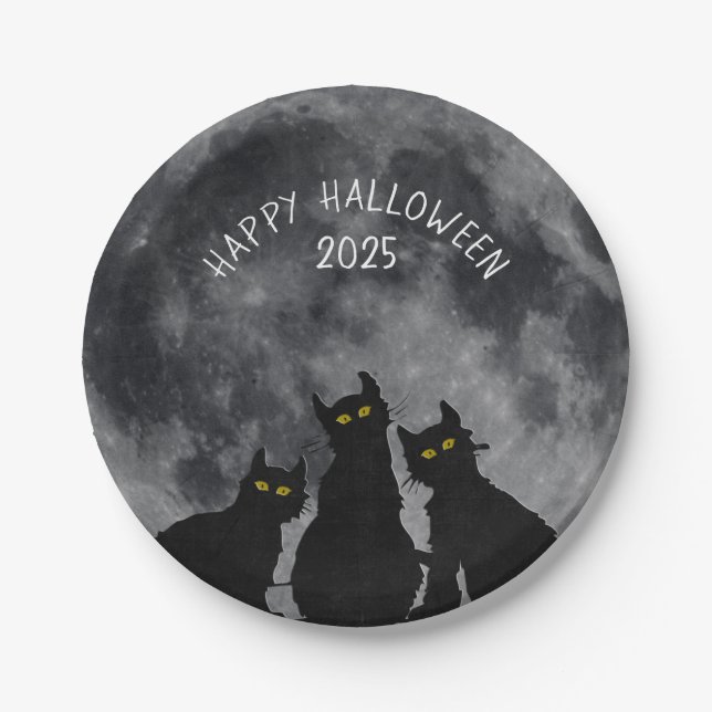 Assiettes En Carton Chats noirs d'Halloween en pleine lune (Devant)