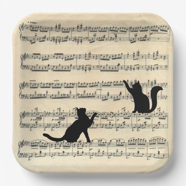 Assiettes En Carton Chats noirs sur feuille de musique (Recto)