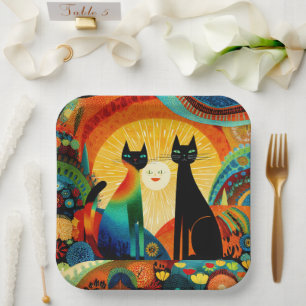 Assiettes En Carton Chats sur fond lumineux et coloré,