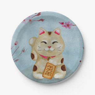 Assiettes En Carton Chatte de Maneki-neko à l'aquarelle sous la sakura