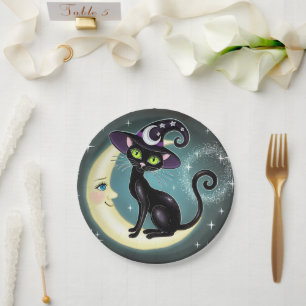 Assiettes En Carton Chatte sorcière sur croissant de lune Halloween Wi