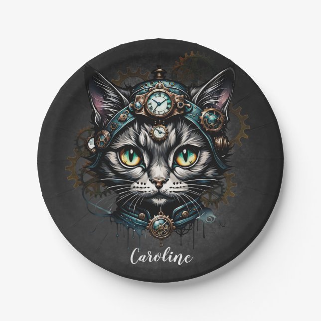Assiettes En Carton Chatte steampunk mignonne avec des horloges et des (Devant)