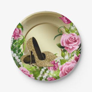 Assiettes En Carton Chaussure à talon haut Rose Or Chaussure Perle Fêt